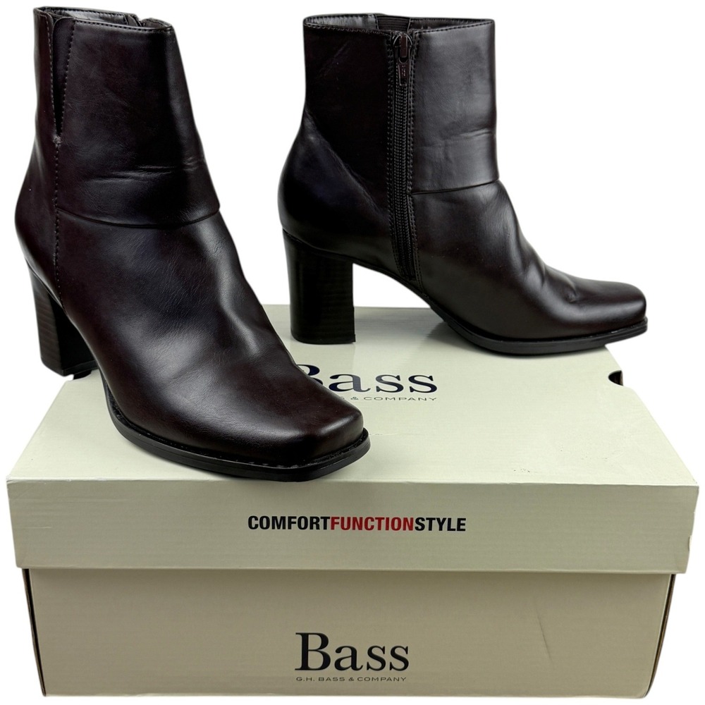 Bass Women 7M Brown Ankle Boots Sicily Square Toe Block Heel Zip 5030-200